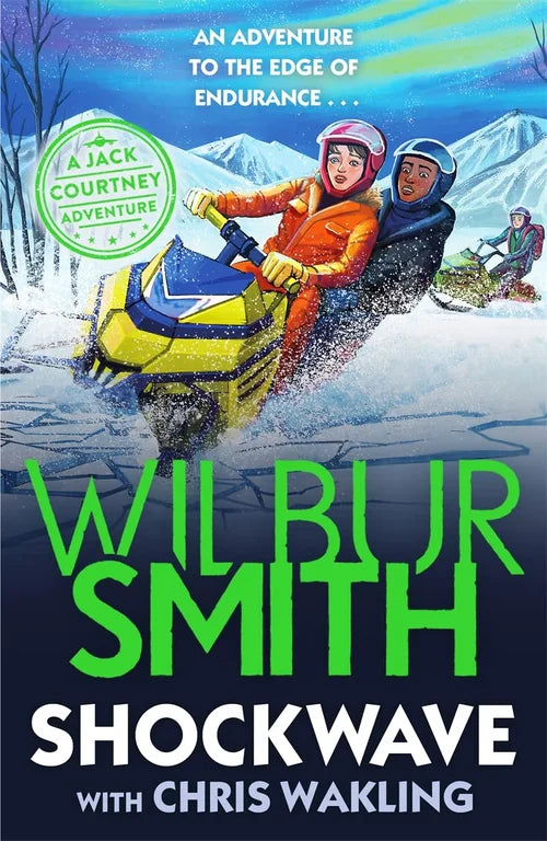 Book cover of 'Shockwave' by Wilbur Smith featuring two people on a snowmobile in a snowy landscape.