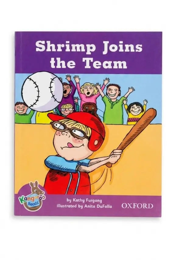 Children's book cover titled "Shrimp Joins the Team" with a purple header, cartoon children in a baseball field, a baseball, and the Oxford logo at the bottom.