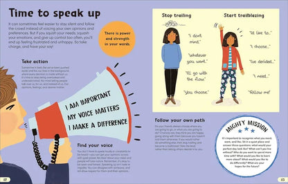 Illustration with a megaphone, text, and two people standing next to each other on a purple background.