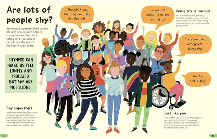 Illustration of diverse group of people with text about shyness and being shy.