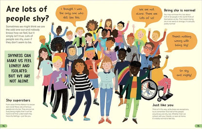 Illustration of diverse group of people with text about shyness and being shy.