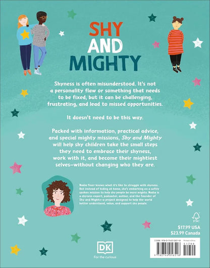 Book cover of 'Shy and Mighty' with illustrations and text on a teal background