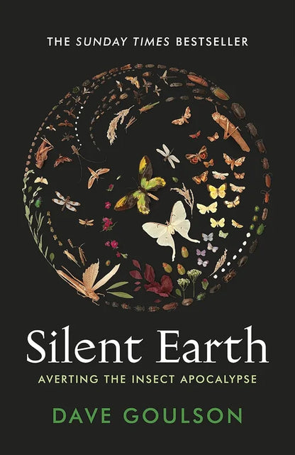 Book cover of 'Silent Earth' with illustrations of insects on a dark background