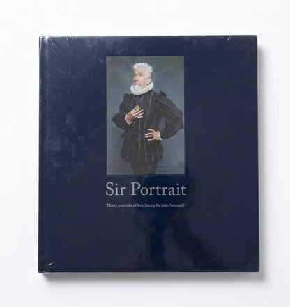 A hardcover art book titled 'Sir Portrait' wrapped in protective plastic, featuring a dark navy blue cover with a central portrait of a historical figure in black clothing and a white ruff collar.