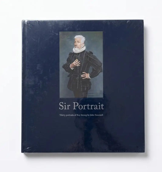 A hardcover art book titled 'Sir Portrait' wrapped in protective plastic, featuring a dark navy blue cover with a central portrait of a historical figure in black clothing and a white ruff collar.