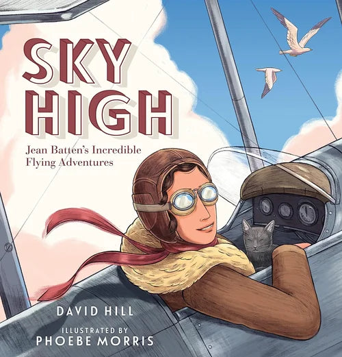 Book cover of 'Sky High' with a woman in a pilot's outfit and a cat inside an airplane.