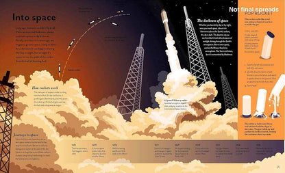 Illustration of a rocket launch with text explaining space exploration.