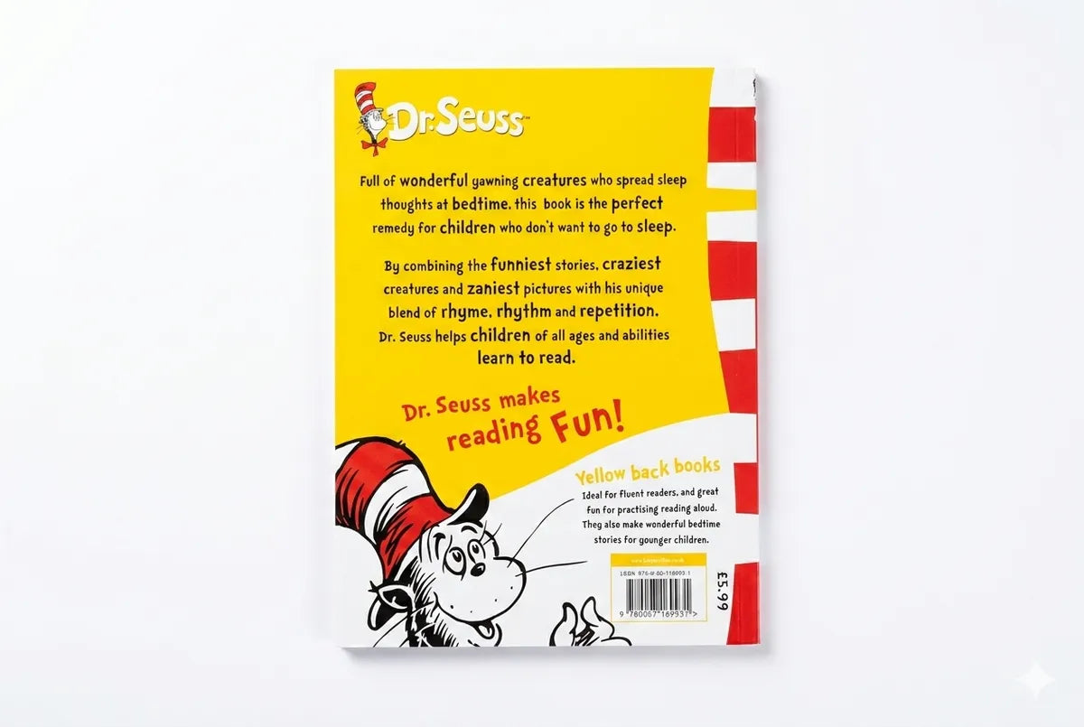 Back cover of a Dr. Seuss book with yellow background and character illustration.