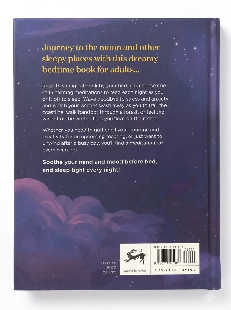 Back cover of a book with text and a starry night design