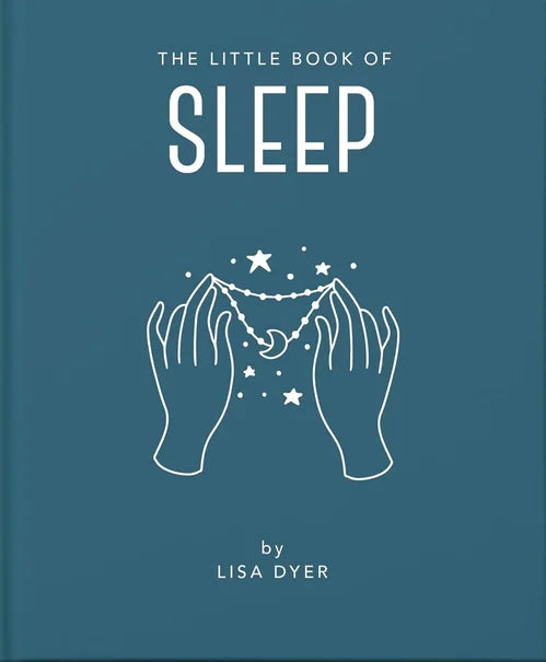 Book cover of 'The Little Book of Sleep' by Lisa Dyer with hands holding a necklace on a blue background.