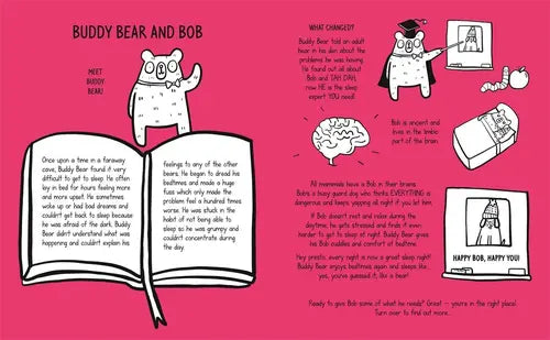 Illustrated book page with cartoon characters on a pink background