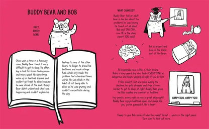 Illustrated book page with cartoon characters on a pink background