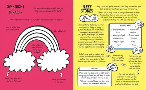 Children's book page with sleep stones activity on pink and yellow background