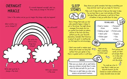Children's book page with sleep stones activity on pink and yellow background