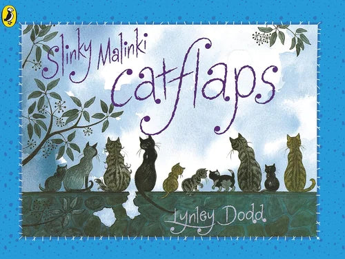 Book cover of 'Slinky Malinki Catflaps' with cats and a tree on a blue background