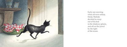 Illustration of a black cat walking in a room with text about a cat deciding to explore.