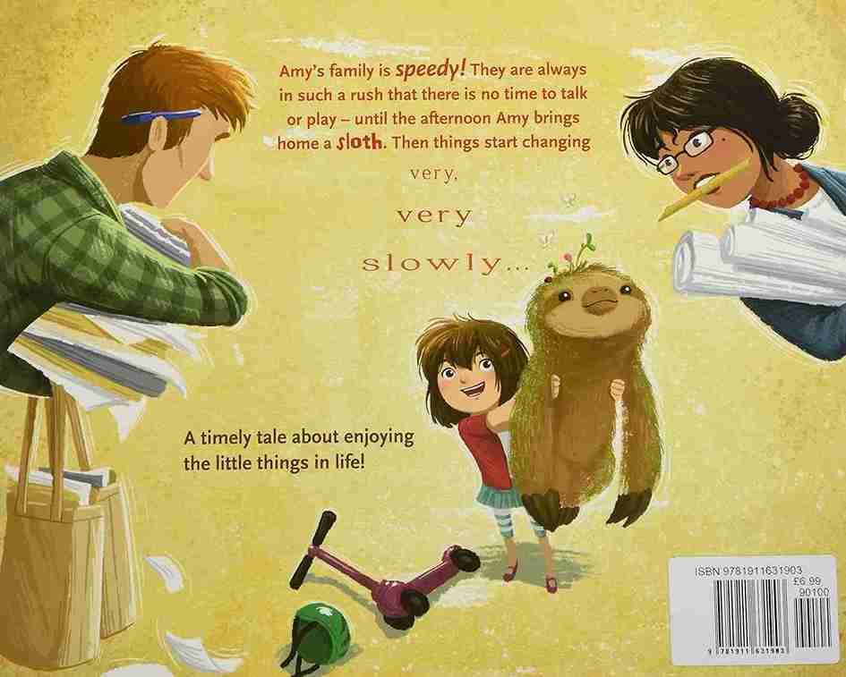 Illustrated book cover with characters and a sloth, featuring text about family and slowing down.