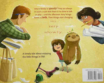 Illustrated book cover with characters and a sloth, featuring text about family and slowing down.