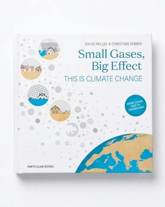The front cover of the book 'Small Gases, Big Effect: This Is Climate Change' by David Nelles & Christian Serrer, published by Particular Books. The cover is white with blue and beige illustrations, including a stylized globe at the bottom right and circular diagrams on the left.