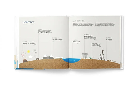 An open book showing a printed contents page with illustrated sections about climate change, oceans, ecosystems, and humans, photographed on a clean white background.