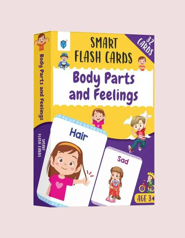 A boxed set of children's flash cards titled 'Body Parts and Feelings' with illustrated cartoon characters and sample cards showing 'Hair' and 'Sad'.