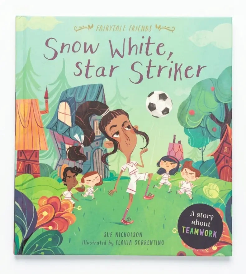 Book cover of 'Snow White, Star Striker' with colorful illustration of children playing soccer.