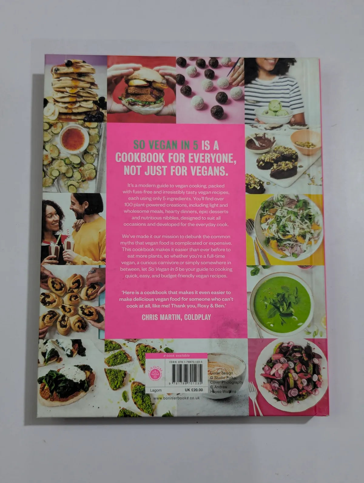 Book cover with images of food and text on a white background