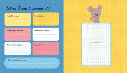 Children's memory book with问答 sections and a photo space on a blue and yellow checkered background.