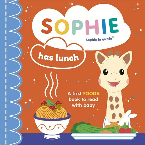 Book cover of 'Sophie has lunch' featuring a giraffe and food illustrations on an orange and blue background.