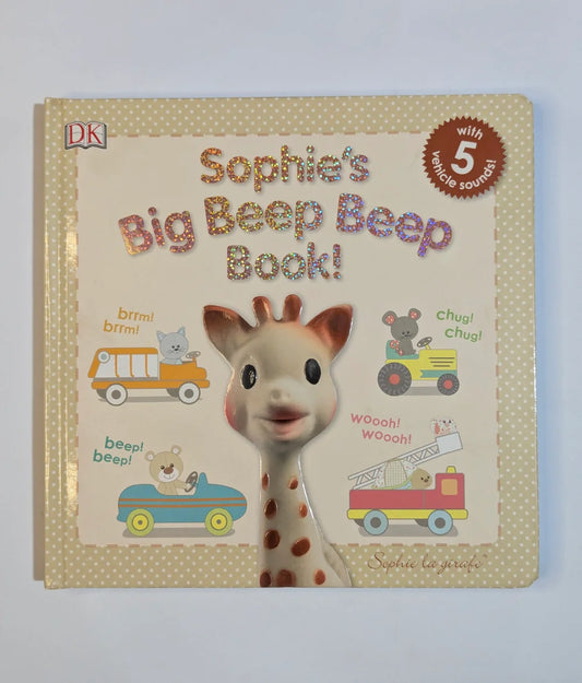 Children's book titled 'Sophie's Big Beep Beep Book' with a giraffe character on a light gray background