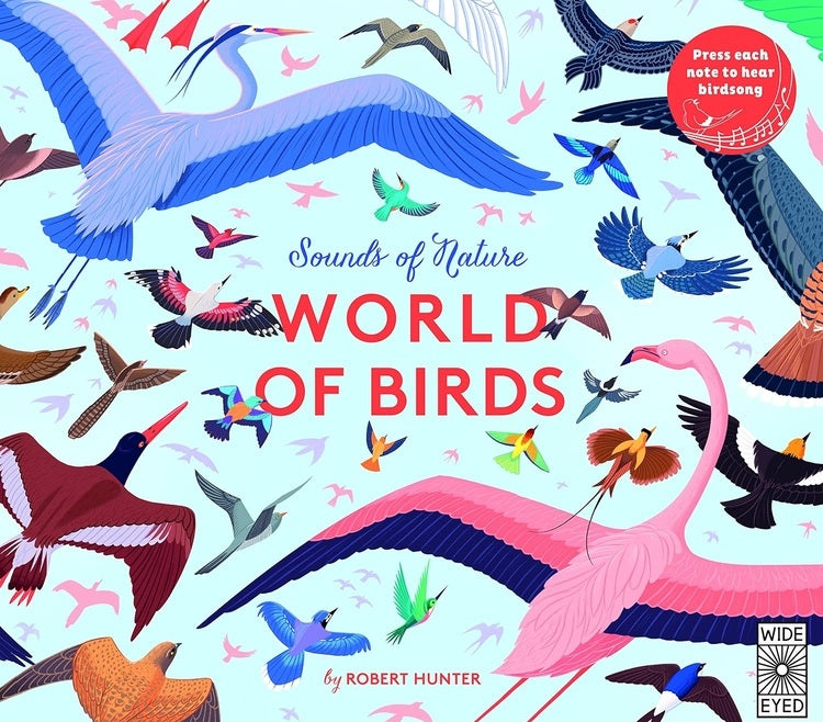 Book cover of 'World of Birds' with colorful illustrations of birds on a light blue background.