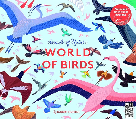 Book cover of 'World of Birds' with colorful illustrations of birds on a light blue background.