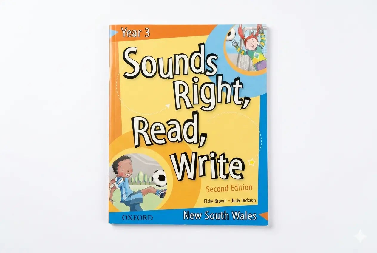 Book titled 'Sounds Right, Read, Write' for Year 3 on a white background