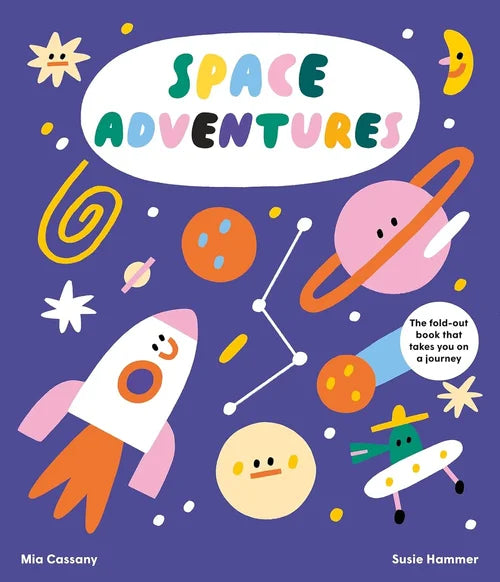 Book cover of 'Space Adventures' with colorful space-themed illustrations on a purple background.