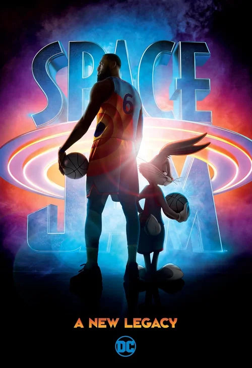 Movie poster for 'Space Jam: A New Legacy' with characters holding basketballs against a space-themed background.