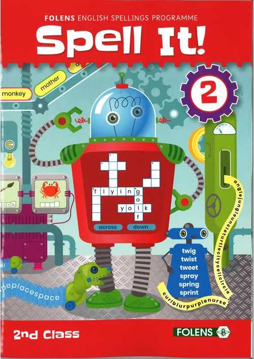 Book cover of 'Spell It! 2' by Folens with a robot and colorful design.