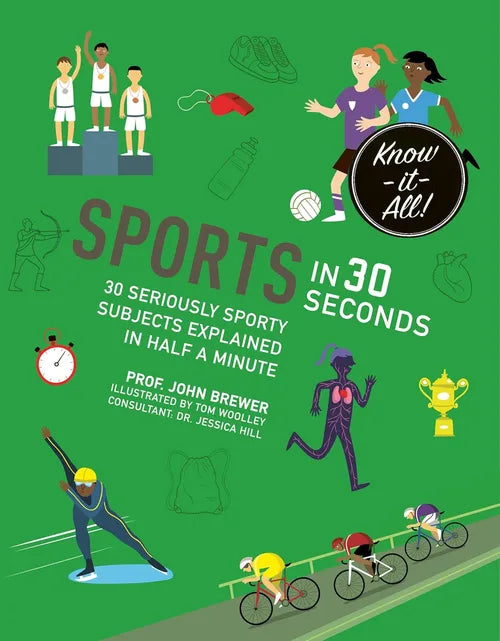 Book cover of 'Sports in 30 Seconds' with illustrations and text on a green background