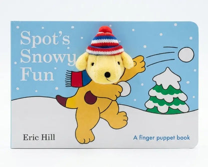 Book cover of 'Spot's Snowy Fun' with a cartoon dog in winter clothing against a snowy background.