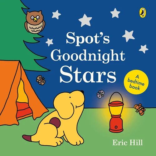 Book cover of 'Spot's Goodnight Stars' with a dog, tent, and owl under a starry sky.
