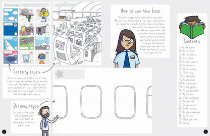 Illustrated book interior with character illustrations, text, and a layout guide.