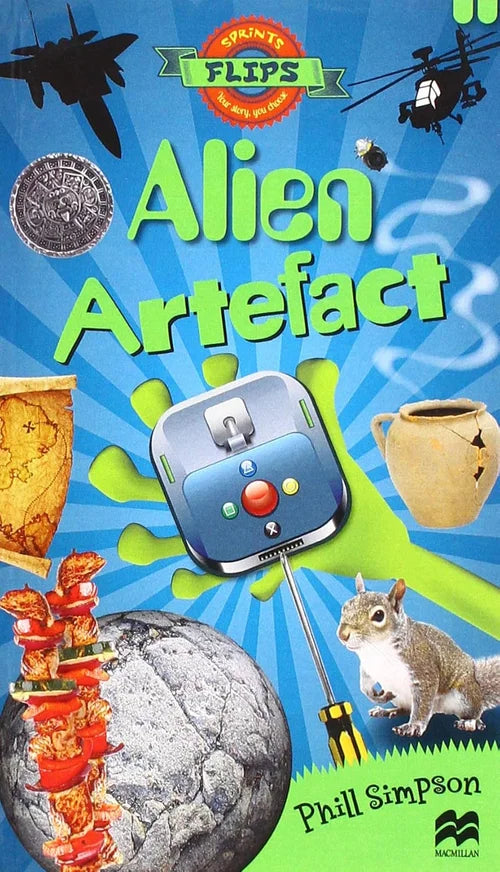 Book cover of 'Alien Artefact' with various objects and a squirrel illustration on a blue background.