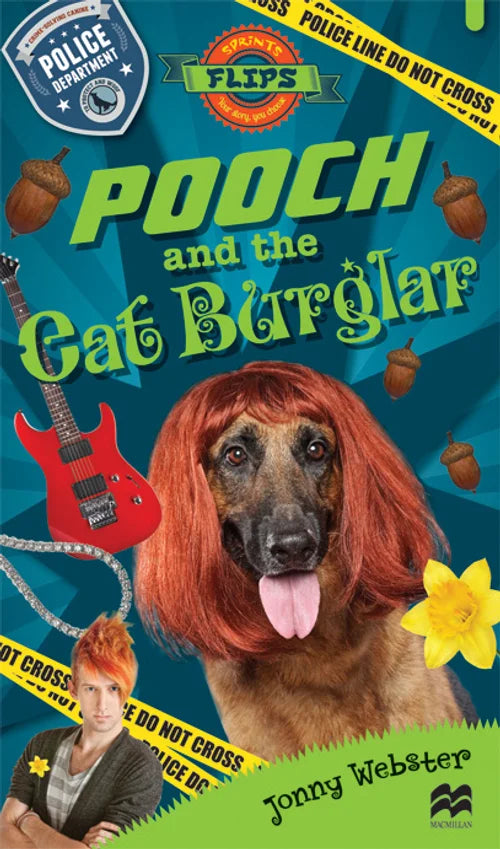 Book cover of 'Pooch and the Cat Burglar' featuring a dog with red hair and a person with orange hair, with a guitar and acorns in the background.