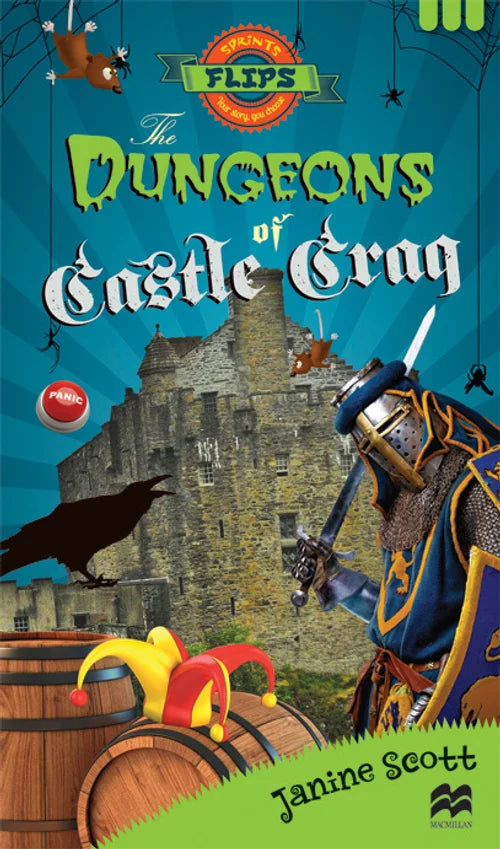 Book cover of 'The Dungeons of Castle Crag' with a castle, knight, and jester illustration.