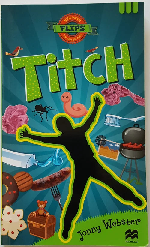 Book cover of 'Titch' by Jonny Webster with colorful illustrations and a blue background.