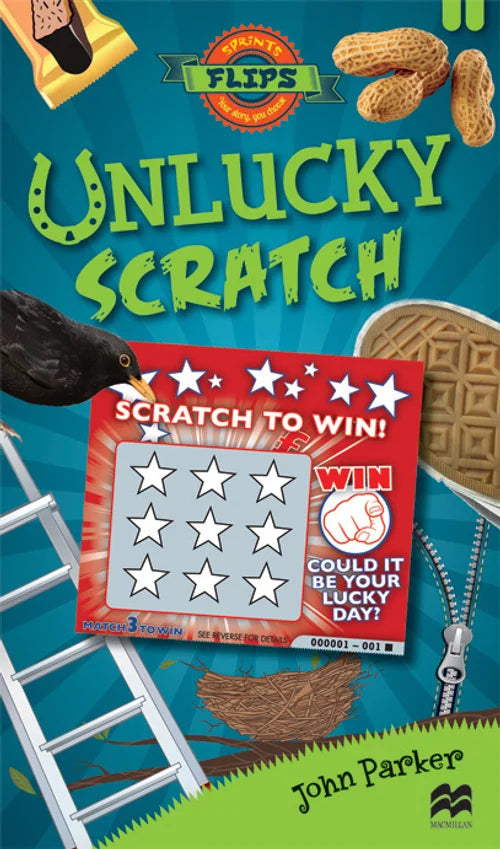 Book cover of 'Unlucky Scratch' with a scratch-off game card and peanuts on a blue background.