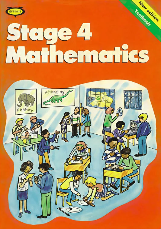 Book cover of 'Stage 4 Mathematics' with a classroom illustration on an orange background
