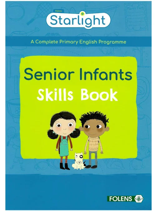 Book cover of 'Senior Infants Skills Book' from Starlight series with two children and a dog on a blue background.