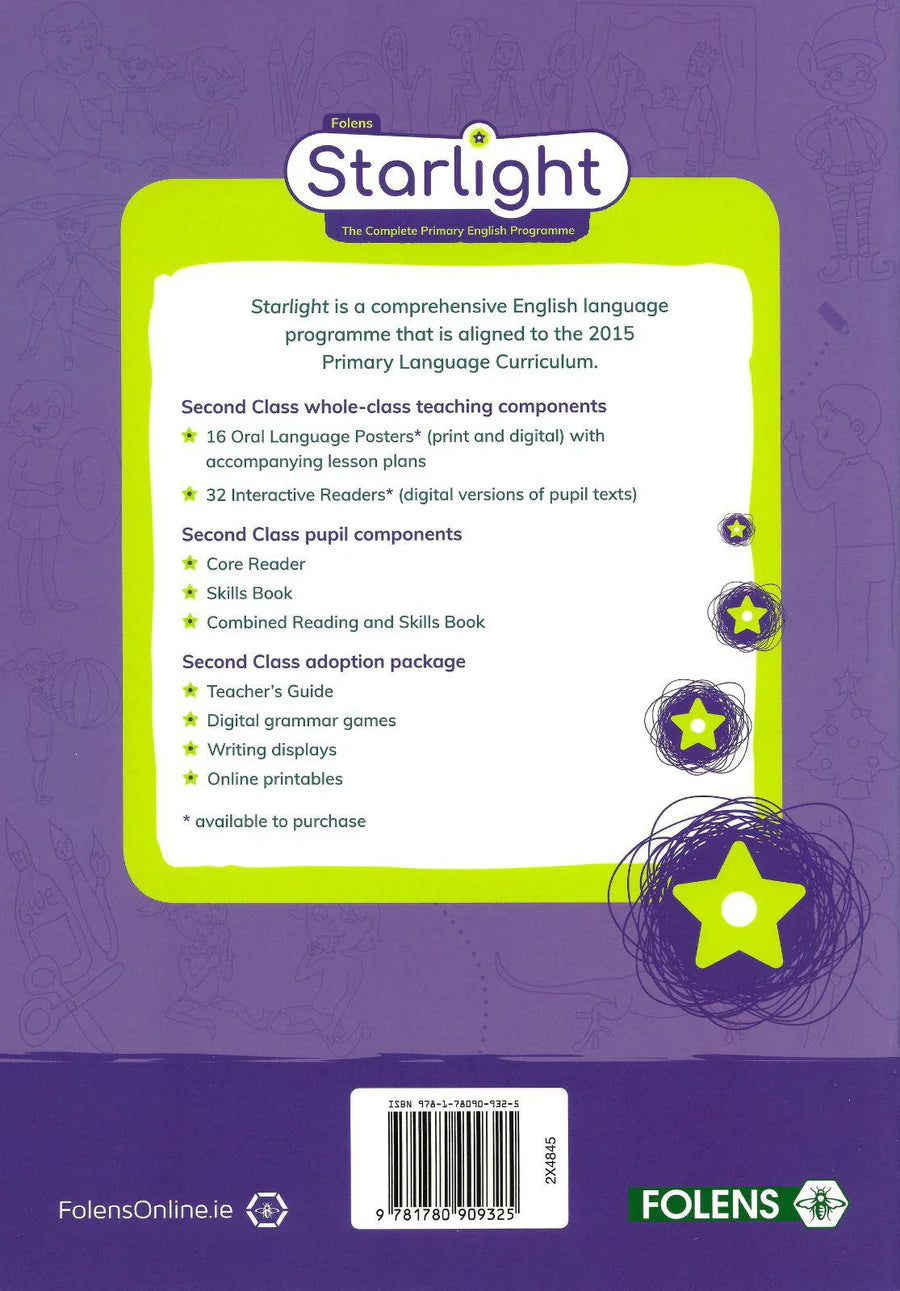 Back cover of a educational book with text and star graphics on a purple background