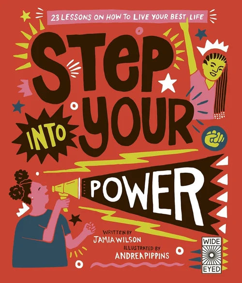 Book cover of 'Step into Your Power' with colorful text and illustrations on a red background.