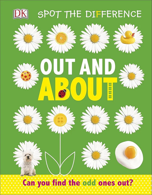 Cover of the board book 'Stop The Difference OUT AND ABOUT' featuring a white background with daisies and a picture of a dog at the bottom.